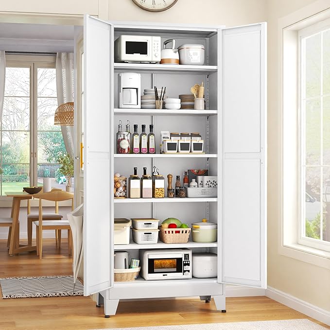 75.2" Tall Pantry Cabinet, Kitchen Pantry Storage Cabinets with 2 Door and 5 Adjustable Shelves, White Metal Pantry Storage Cabinet, Cupboard for Kitchen, Dining Room, Living Room and Bathroom