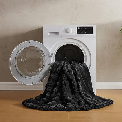 JELLYMONI Faux Fur Throw Blanket, Black for Couch, Fuzzy Cozy Plush Bubble Bed, Thick and Warm, Twin (60" x 80")
