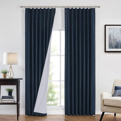 Vision Home Navy Blue Pinch Pleated Full Blackout Curtains Linen Blended Room Darkening Curtain Panels 112 inch for Living Room Bedroom Thermal Insulated Pinch Pleat Drapes with Hooks 40" Wx112 Lx2