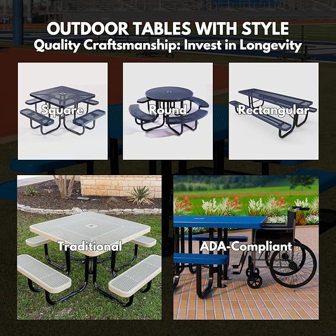Heavy-Duty Portable Outdoor Picnic Table with Umbrella Hole, Punched Steel Patio Dining Furniture Made in America (46" Round Top, Textured Purple)