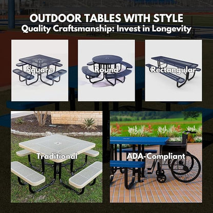 Heavy-Duty Portable Outdoor Picnic Table with Umbrella Hole, Expanded Metal Patio Dining Furniture Made in America (46" Round Top, Purple)