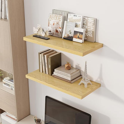 30" Floating Shelves for Wall, 12" Deep Slim Oak Floating Shelves, Wall-Mounted Shelves for Bedroom, Living Room, Kitchen, Bathroom - Set of 2