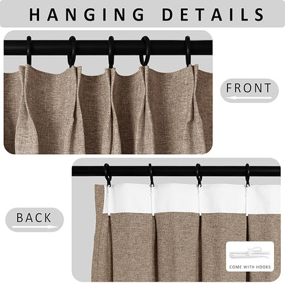 Macochico Pinch Pleated Blackout Linen Curtains 96 Inches Long 100% Light Blocking Burlap Curtains for Bedroom Living Room Thermal Window Panels with Tieback 72”Wx96”L Taupe 1 Panel