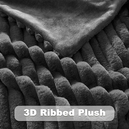 NEWCOSPLAY Faux Fur Throw Blanket Grey 3D Ribbed Plush Thick Warm Blanket for Couch Sofa Bed 850GSM (Grey Ribbed, Throw(50"x60"))