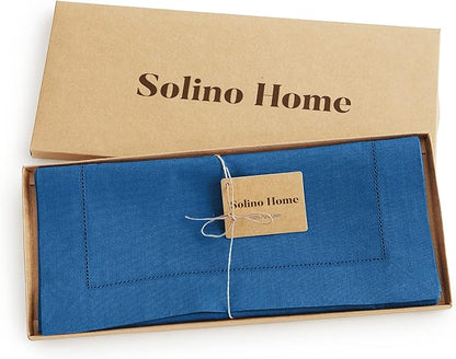 Solino Home Linen Table Runner 36 Inches - 100% Pure Linen Indigo Blue Hemstitch Table Runner 14 x 36 Inch Ideal for Dresser and Coffee Tables - Fall, Autumn - Classic Hemstitch