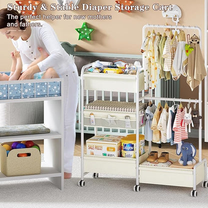 2in1 Baby Diaper Caddy & Clothes Organizer and Storage Rolling Cart, Large Capacity Nursery Organization For Baby Dresser,Changing Table, Crib, With 2 Dividers & 7 Pockets,White