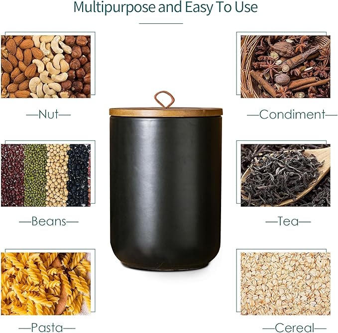 Black Canister Sets for Kitchen, 3pcs Ceramic Canisters with Airtight Wooden Lid, Food Storage Jar, Large Kitchen Storage Containers for Serving Coffee Beans, Tea, Sugar, Salt, Spices