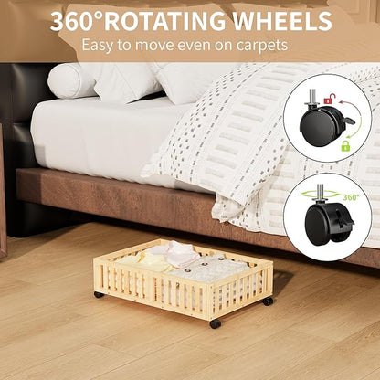 Bamboo Under Bed Storage with Wheels (2-Pack) – Rolling Underbed Shoe Organizer Box for Shoes, Blankets, Toys, Clothes Container Space-Saving Organizer Bins for Bedroom, Closet, Dorm, Nursery