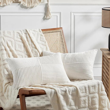Fancy Homi 2 Packs Cream White Long Lumbar Decorative Throw Pillow Covers 12x24 Inch for Couch Bed Sofa, Rustic Farmhouse Boho Home Decor, Soft Striped Corduroy Rectangle Accent Cushion Case 30x60 cm