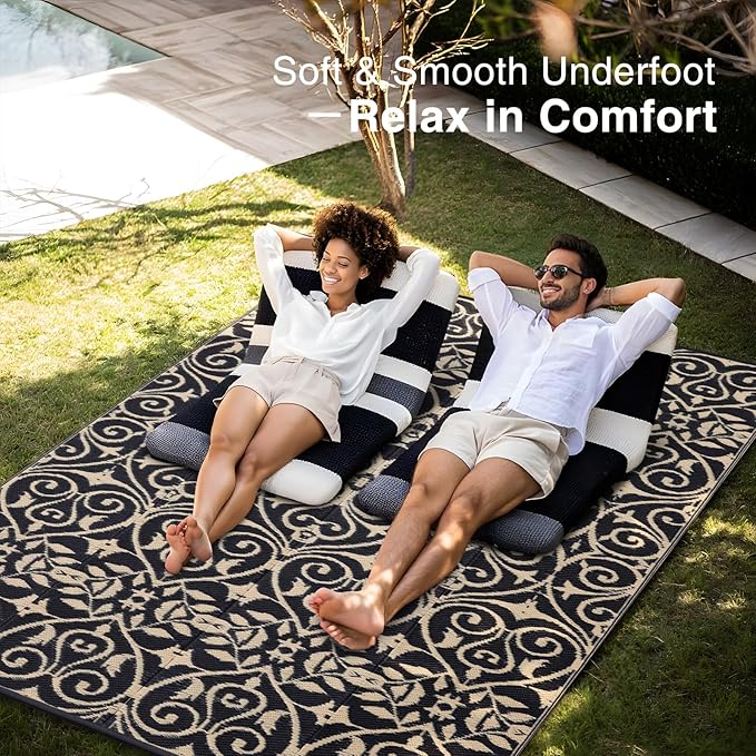 OLANLY Outdoor Rug Waterproof 9x12 ft Clearance, Reversible Outdoor Plastic Straw Rug with Floral Pattern, RV Mat for Patio, Camping, Balcony, Deck, Backyard, Black & Beige
