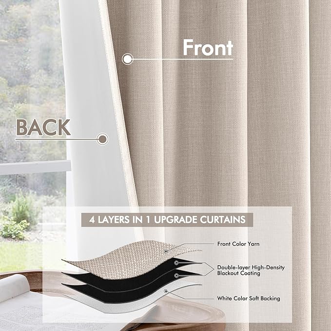 MIULEE 100% Blackout Curtains 120 Inch Long 2 Panels Set for Bedroom, Thick Luxury Faux Linen Black Out Curtain Room Darkening Back Tab Pleat Window Textured Drapes with Hooks for Living Room, Beige