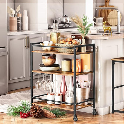 HOOBRO Bar Cart for The Home, Serving Cart with Wine Glass Hooks, Rolling Kitchen Cart with Lockable Wheels, 25.2 x 15.7 x 33.3 Inches Beverage Cart with Storage Shelves, Rustic Brown BF02TC01