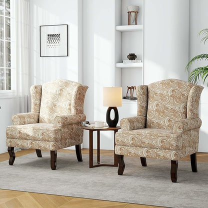 Accent Chair, High Back Upholstered Armchair with High Resilience Sponge & Wood Legs, Mid-Century Modern Comfy Single Sofa Reading Chairs for Living Room, Bedroom (Floral Sand, Set of 2)