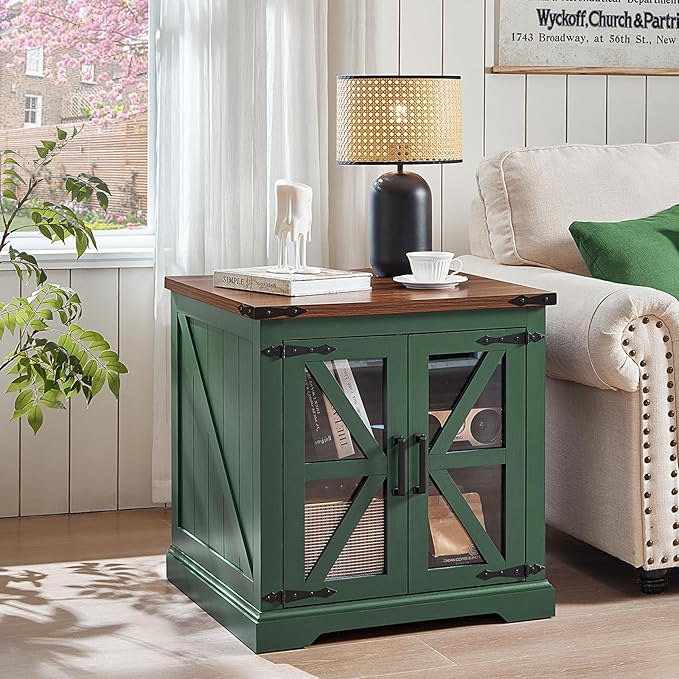 24" End Table Set of 2 with Charging Station, Farmhouse Night Stand with Glass Barn Door, Nightstands with Adjustable Storage Shelf, Large Wood Square Bed Side Table for Living Room, Bedroom