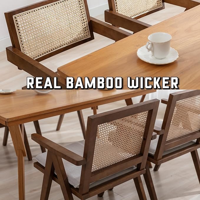 Rattan Dining Chairs Set of 4, Farmhouse Wicker Dining Chairs with Removable Linen Cushion Accent Cane Armchair for Dining Room Kitchen Restaurant, Walnut