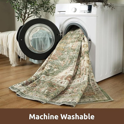 AMOAMI Vintage Soft Green Area Rug - 9x12, Non-Slip, Washable for Living Room, Bedroom, Dining Room, Office