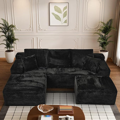 Modular Sectional Sofa Cloud Sectional Couch, 107" Comfy Fluffy U Shaped Black Couches for Living Room, Deep Seat Memory Foam Plush Corduroy Boneless Couch Sectionals with Left Facing Chaise Sofa