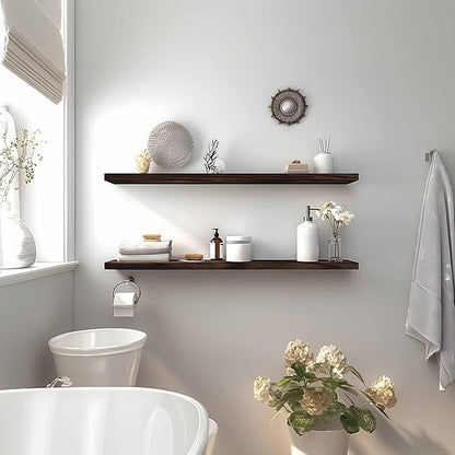 Wood Floating Shelves for Wall Decor, Rustic Wall Shelves for Bedroom Bathroom Kitchen Living Room, Set of 4 Walnut 36 Inch