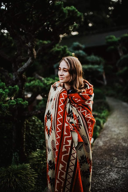 Inca Aztec Throw, Queen, King Blanket | Southwest Indian Navajo Boho Style | Native Cover for Camping, Bedding, Couch, Vanlife | Faux Alpaca, Lightweight, Hypoallergenic (Inti Red, Queen)