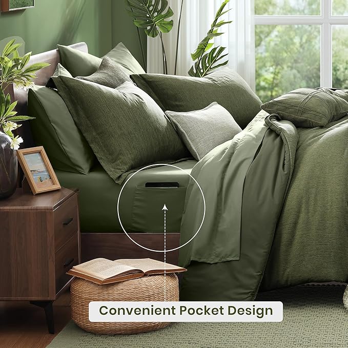 Monbix Full Size Comforter Set, Olive Green Bedding Comforter for Full Size Bed Set Reversible, Bedding Sets Full 7 Pieces, Cationic Dyeing Bed in a Bag with Comforter, Sheets, Pillowcases & Shams