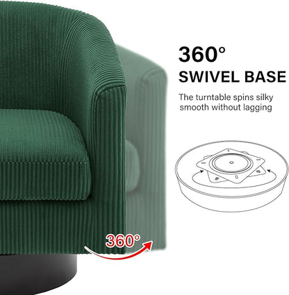Swivel Barrel Accent Chair, Modern Round Corduroy Fabric Arm Chair for Living Room, Bedroom, Comfy Club Reading Chairs for Adults, Corduroy Dark Green