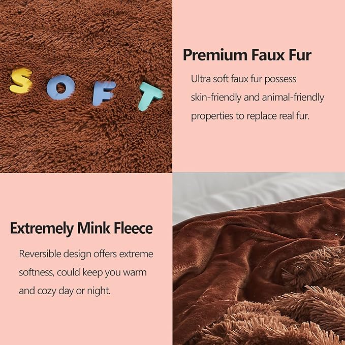 GONAAP Fuzzy Faux Fur Throw Blanket Queen Size Coffee Super Soft Cozy Plush Fuzzy Shaggy Blanket for Couch Sofa Bed (Coffee, Queen(90"x90"))