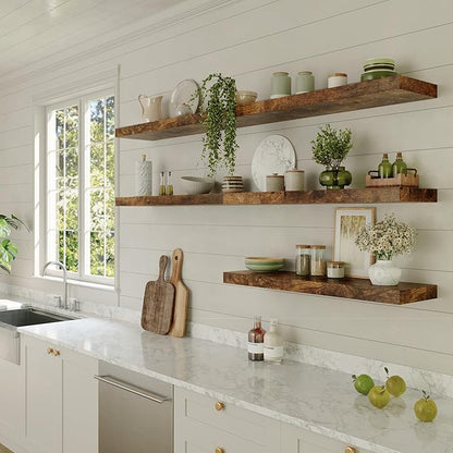 Large Floating Shelves for Wall Set of 1 Wooden Wall Shelves V Room Decor Long Shelf with Invisible Wall Mount Bracket for Bedroom Kitchen Living Room Rustic Brown