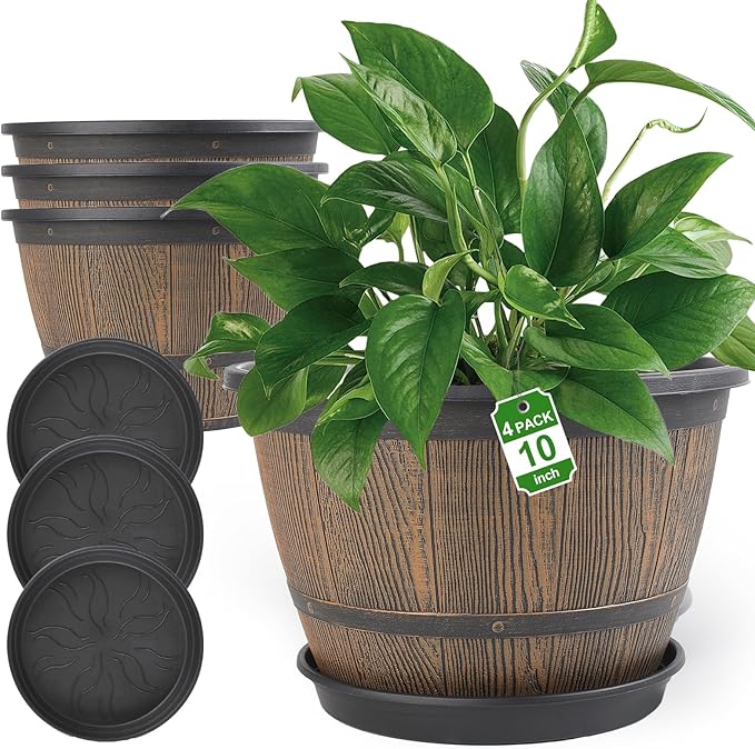 10-inch-Plant-Pots-Indoor-Outdoor, 4 Pack Whiskey Barrel Planters with Drainage Holes & Saucer, Plastic Flower Pots Imitation Wine Barrel Design, Decorative Garden Pots for Plants