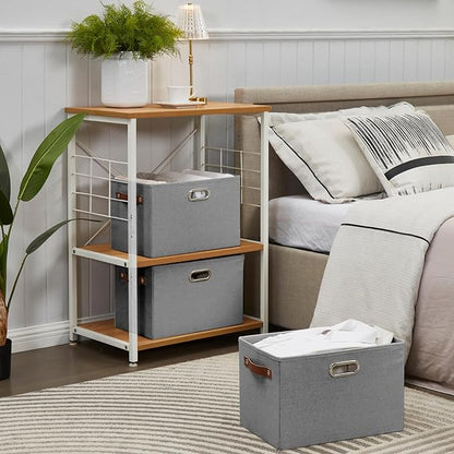Large 3-Pack Foldable Fabric Storage Bins with Durable PU & Metal Handles, Collapsible Storage Baskets for Shelves, Home Storage, Closet Organizers, Living Room(14.9"x9.8"x9.8", Grey)