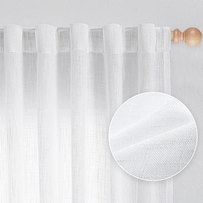 MYSKY HOME White Sheer Curtains 63 inch length Light Filtering Semi Sheer Curtains for Bedroom Short Window Treatment Privacy Protect Drapes Set, Back Tab Boho Farmhouse Linen Soft, 50" Wide, 2 Panels