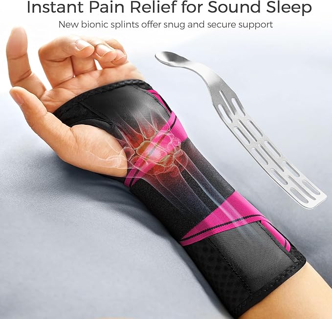 FREETOO Wrist Support Brace Left Hand for Tendonitis, Sprained Wrist, Strain, Pain Relief Wrist Splint for Carpal Tunnel, Arthritis, Wrist Immobilizer Fit Women and Men for Sleeping (S/M, Black/Pink)