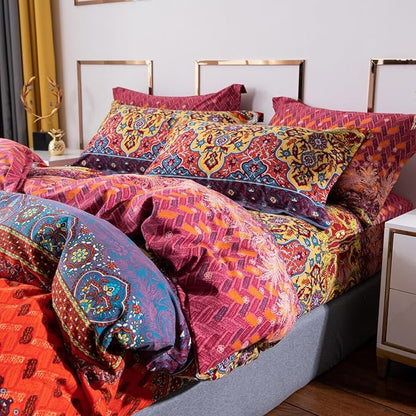 ABREEZE Bohemian Duvet Cover Set Colorful Orange Boho Retro Bedding Set Damask Paisley Cotton Duvet Cover Tribal Reversible Bedding Exotic Style Comforter Cover 3-Piece Full