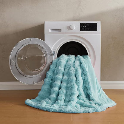 JELLYMONI Faux Fur Throw Blanket, Blue Cozy Plush Bubble Bed Blanket, Thick and Warm, Queen (90" x 90")