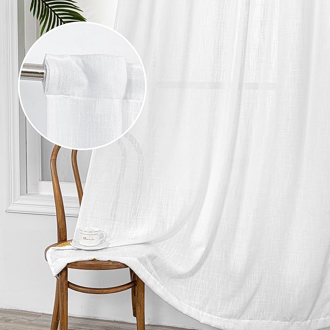 MYSKY HOME White Curtains 95 Inches Long Semi Sheer Drapes Light Filtering for Sliding Glass Door Window Treatments Soft Cotton Blend Panels Linen Look Farmhouse Style, 50" x 95", 2 Pieces