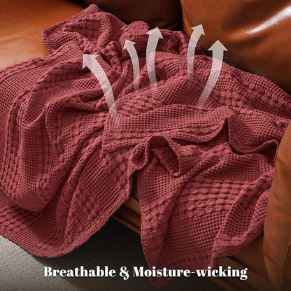 PHF 100% Cotton Waffle Weave Throw Blanket, Soft Lightweight Breathable Cozy Summer Throws for Couch Bed Sofa, Luxury Aesthetic Woven Blanket for Home Decor & Office, 50"x60", Wine Red