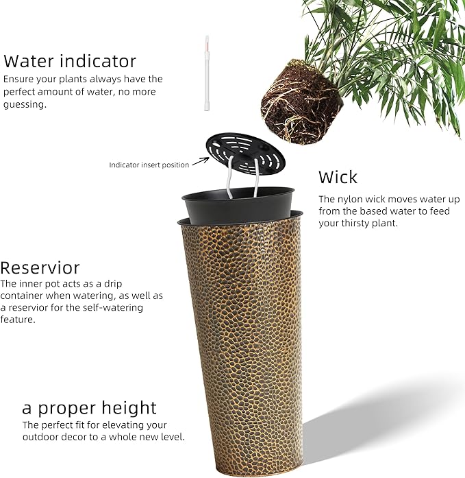 KOL 25" H. Metal Hand-Hammered Planters with Inner Pots 2-Pack, Bronze Decor Planter for Deck, Patio, Porch - Galvanized Steel Handcrafted Flower Pot - w/Water Level Indicator - Indoor Outdoor Use
