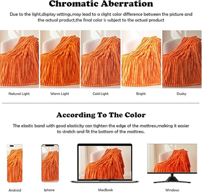 NEWCOSPLAY Super Soft Fall Queen Blanket Orange Premium Silky Flannel Fleece 3D Ribbed Jacquard Lightweight Bed Blanket All Season Use (Orange Ribbed, Queen(90"x90"))