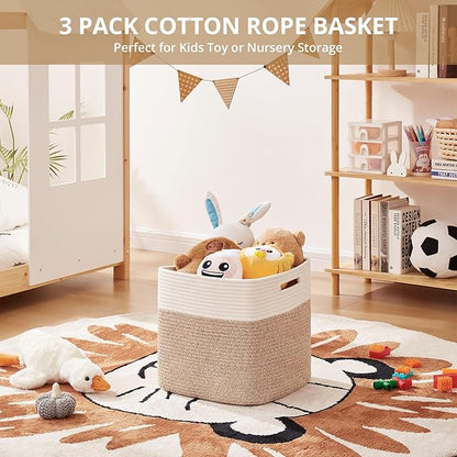 OIAHOMY 13 Kallax Inch Cube Storage Bins, 3-Pack Cotton Rope Woven Baskets for Organizing, Kallax Insert Storage Baskets for Shelves, Baby Nursery, Closet Organizer, 13*13*12.6IN, Brown & White