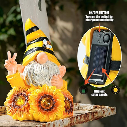 Garden Sculptures & Statues Resin Summer Bee Gnome with Sunflower, Outdoor Funny Decoration Solar Light Figurine Gifts for Yard, Patio Decor for Mom