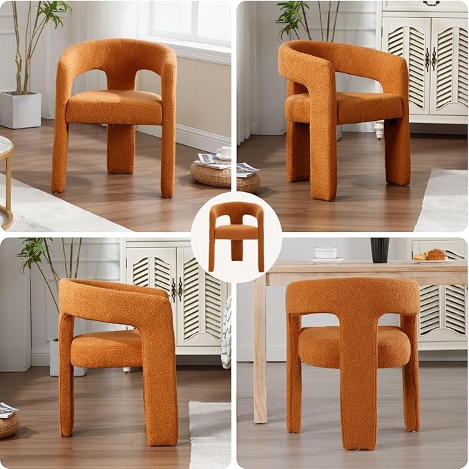 Orange Sherpa Dining Chairs Set of 6, Modern Barrel Dining Room Chairs Upholstered Faux Fur Accent Chair with Arms and Round Back for Living Room Kitchen Armchair No Assembly Needed