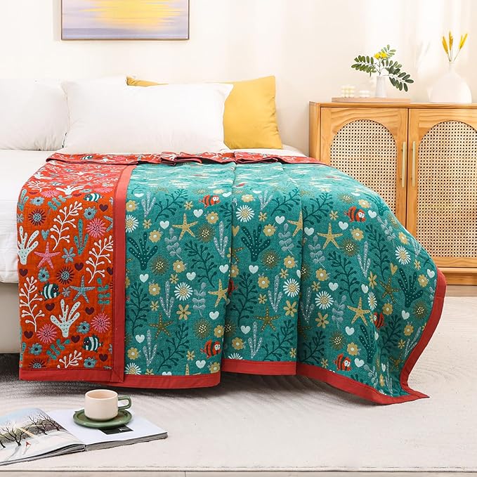 Boho Throw Blanket 80''x90'',100% Cotton Blankets for Couch Bed,Cotton Quilt Travel Muslin Blankets Farmhouse Home Decor Soft Lightweight Picnic Blanket