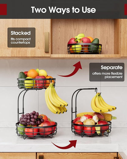 Fruit Basket for Kitchen Counter - 2-Tier Large Capacity Fruit Bowl with Detachable Banana Hanger, Rust-Proof Metal Fruit Holder for Vegetables, Bread, Toiletry,10" D x 10" W x 14" H, Black
