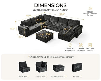 Oversized Modular Sofa Comfy Cloud Couch with Storage, Extra Deep Plush Sectional Sofa Set for Living Room, Covers Washable, Chenille, Olar (Black, 8-Seater with Corner & 2 Ottomans, u-Shaped)