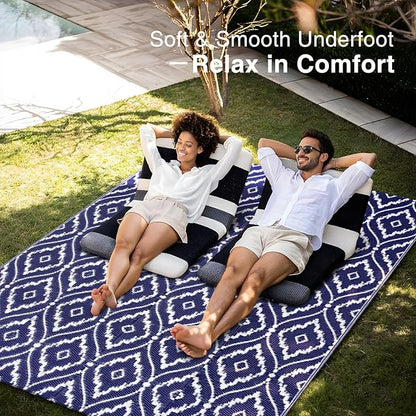 OLANLY Outdoor Rug 5x8 ft Waterproof, Outdoor Plastic Straw Rug with Geometric Pattern Clearance, Reversible RV Mat for Patio, Camping, Balcony, Deck, Backyard, Navy & White