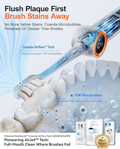 RANVOO [Vibrating & Flossing 2-in-1 AirJet Bubble Sonic Electric Toothbrush, 100% Plaque Removal, Whiter for Adult Protect Gum Orthodontic Teeth Clean Rechargeable Gift with 2 Soft Brush Heads White