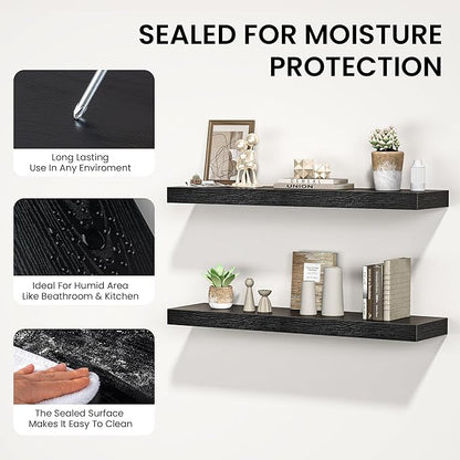 Floating Shelves for Wall, 24" W x 6.7" D x 1.5" H, Wooden Wall Mounted Display Shelves with Invisible Brackets for Living Room, Bedroom, Bathroom, Kitchen Decor and Storage, Set of 2, Black