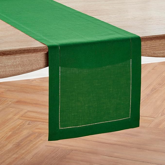 Solino Home Linen Table Runner 48 Inches - 100% Pure Linen Garden Green Hemstitch Table Runner 14 x 48 Inch Ideal for Dresser and Coffee Tables - Classic Hemstitch
