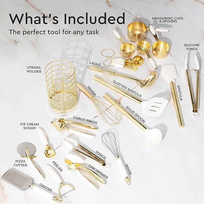 White and Gold Kitchen Utensils Set - 23-Piece Gold Kitchen Accessories Include Measuring Cups and Spoons Set, Silicone Utensils, and Utensil Holder for Baking, Cooking, and Stylish Kitchen Decor