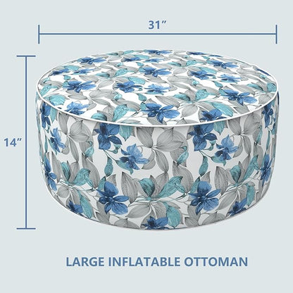 LVTXIII Outdoor/Indoor Inflatable Ottoman, All Weather Round Footrest Stool with Handle D31”x H14”, Portable Pouf for Patio Garden Camping or Home Decoration, Clemens Noir Blue