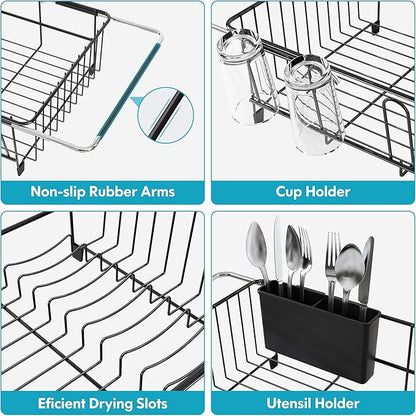 MAJALiS Dish Drying Rack in Sink - Small Dish Drainers for Kitchen Sink, Over The Sink Dish Racks with Utensil Holder, Stainless Steel Dish Rack in Sink, Black
